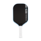 Pickleball paddle with black face and white handle on a white background