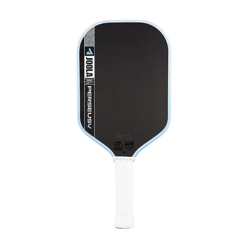 Pickleball paddle with black surface and white handle on a white background
