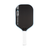 Pickleball paddle with black surface and white handle on a white background