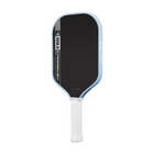 Pickleball paddle with black face, white handle, and blue edges on a white background