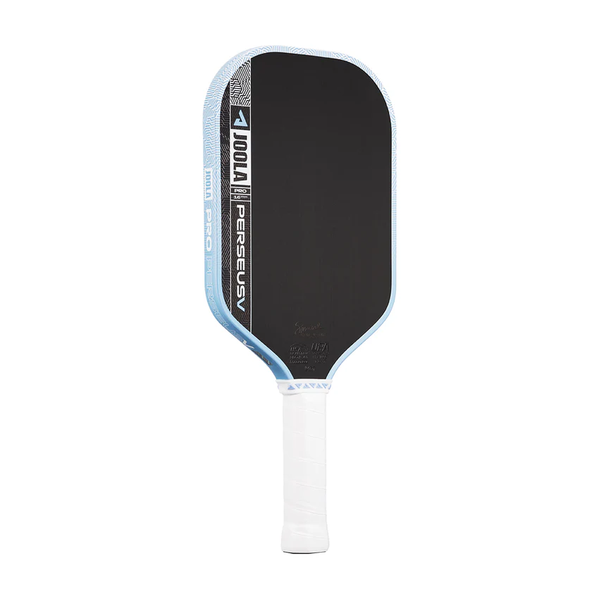 Pickleball paddle with black face and blue handle on a white background