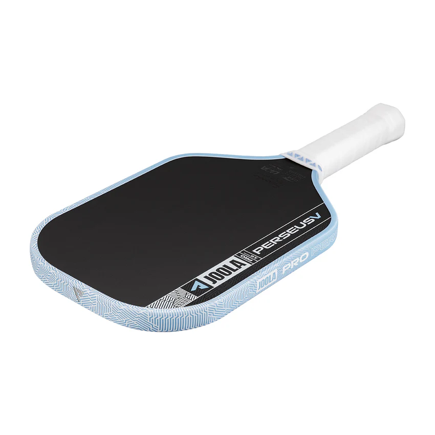 Pickleball paddle with black surface and white handle on a white background