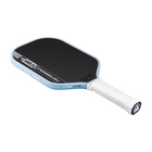 Pickleball paddle with black face and blue handle on a white background