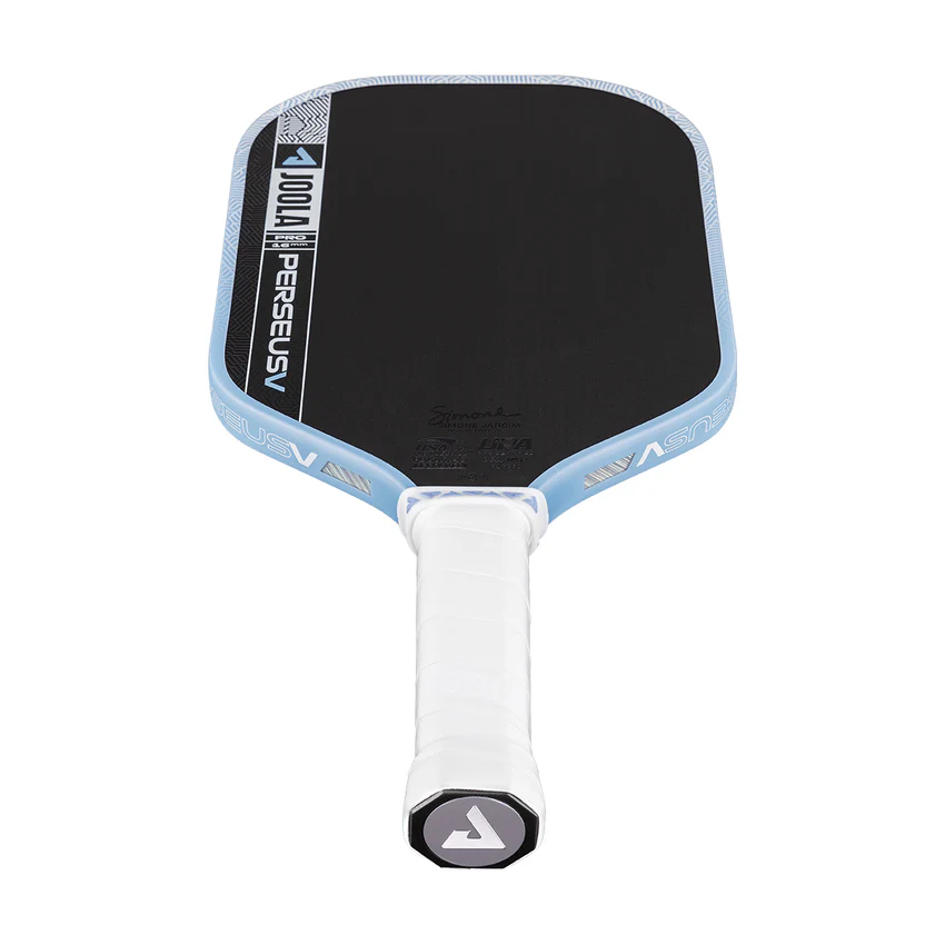 Pickleball paddle with black surface and blue handle on a white background