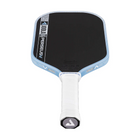 Pickleball paddle with black surface and blue handle on a white background