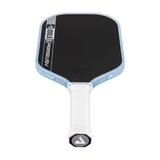 Pickleball paddle with black surface and blue handle on a white background
