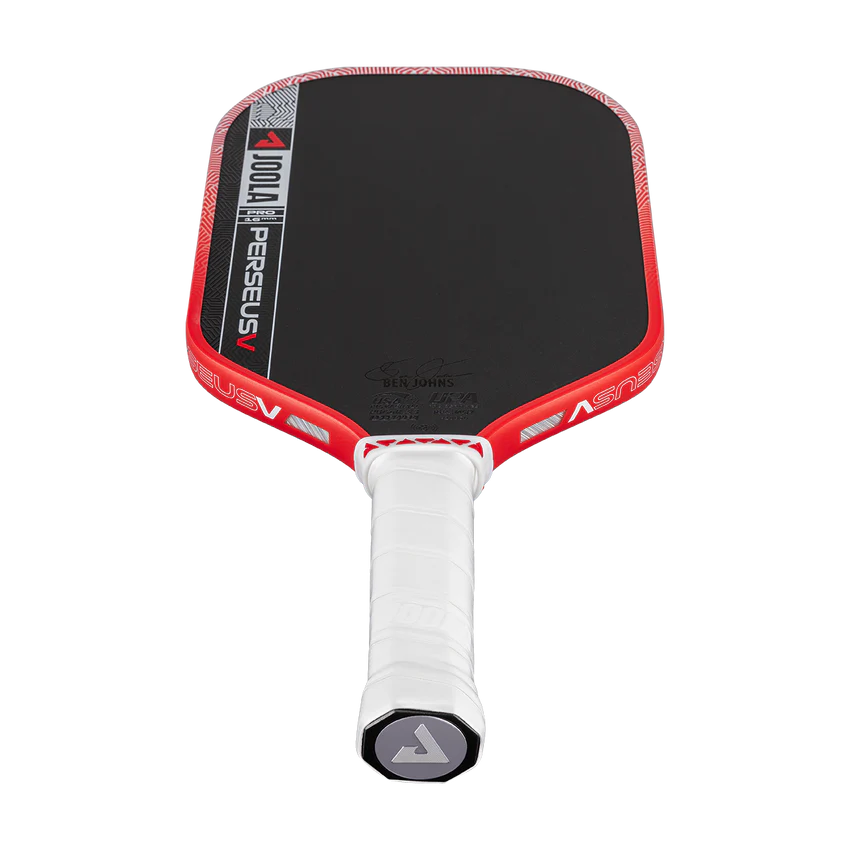 Red and black pickleball paddle with white handle on a white background