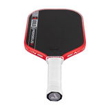 Red and black pickleball paddle with white handle on a white background
