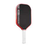 Pickleball paddle with black surface and red edges on a white background