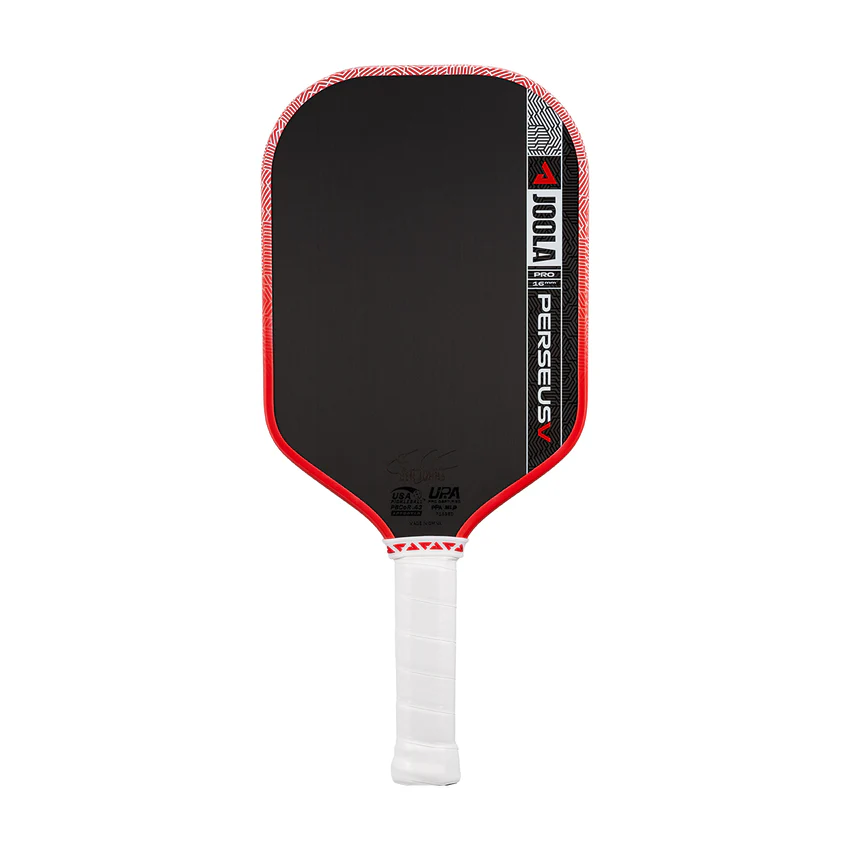 Pickleball paddle with red and black design on a white background