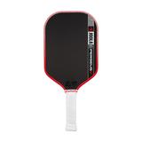 Pickleball paddle with red and black design on a white background