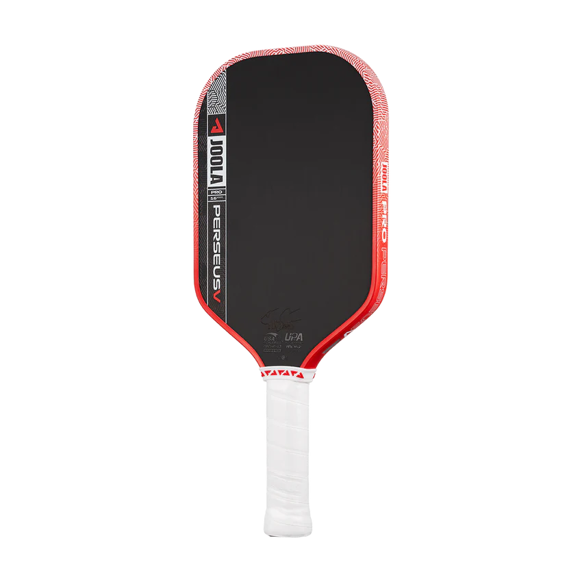 Pickleball paddle with black surface, red edges, and white handle on a white background
