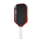 Pickleball paddle with black surface, red edges, and white handle on a white background