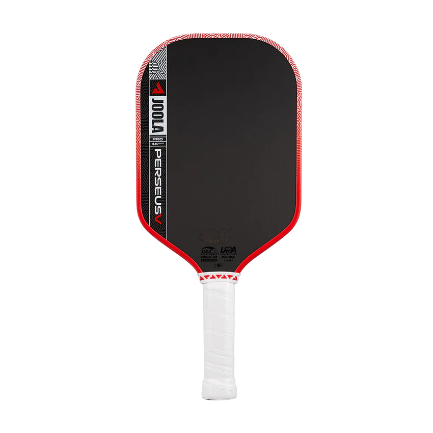 Pickleball paddle with black surface, red edges, and white handle on a white background