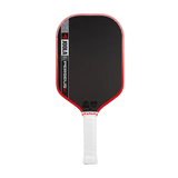 Pickleball paddle with black surface, red edges, and white handle on a white background