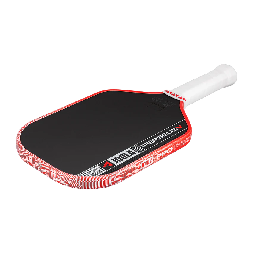 Pickleball paddle with red and black design on a white background
