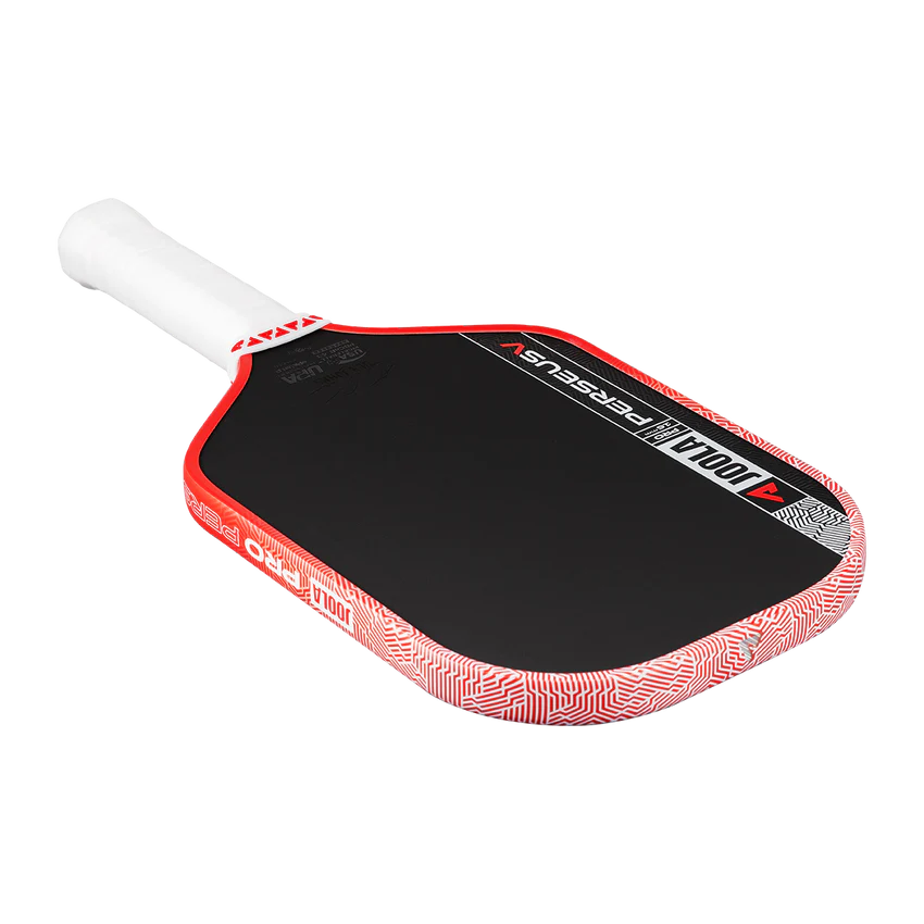 Red and black pickleball paddle with white handle on a white background