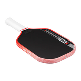 Red and black pickleball paddle with white handle on a white background