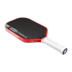 Red and black pickleball paddle with white handle on a white background
