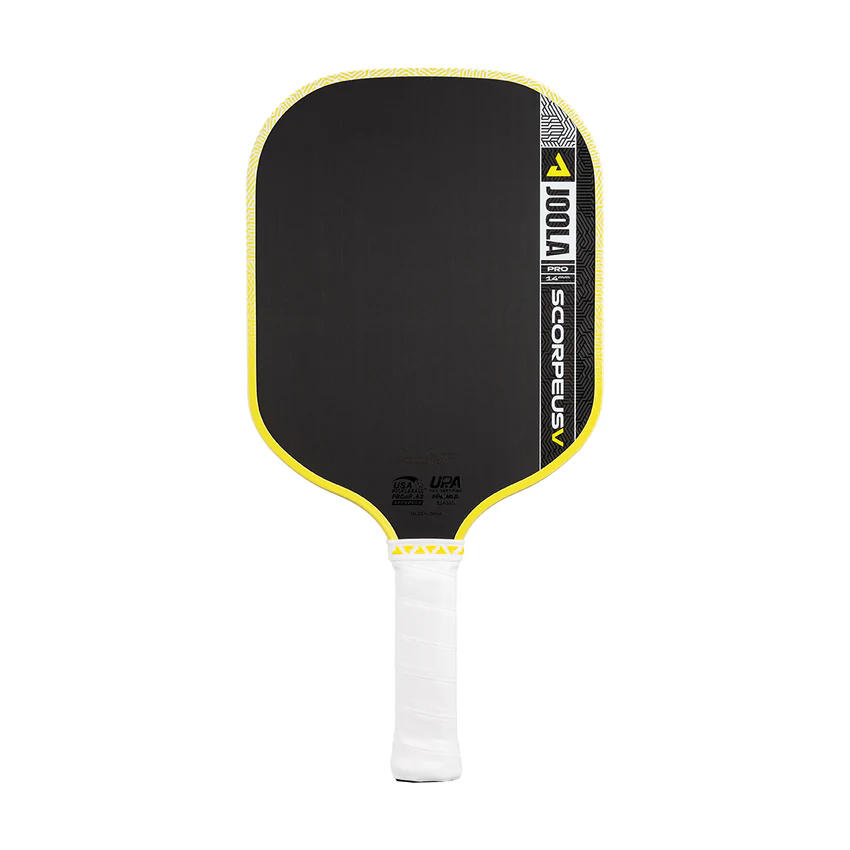 Black and yellow pickleball paddle with white handle on a white background