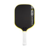 Black and yellow pickleball paddle with white handle on a white background