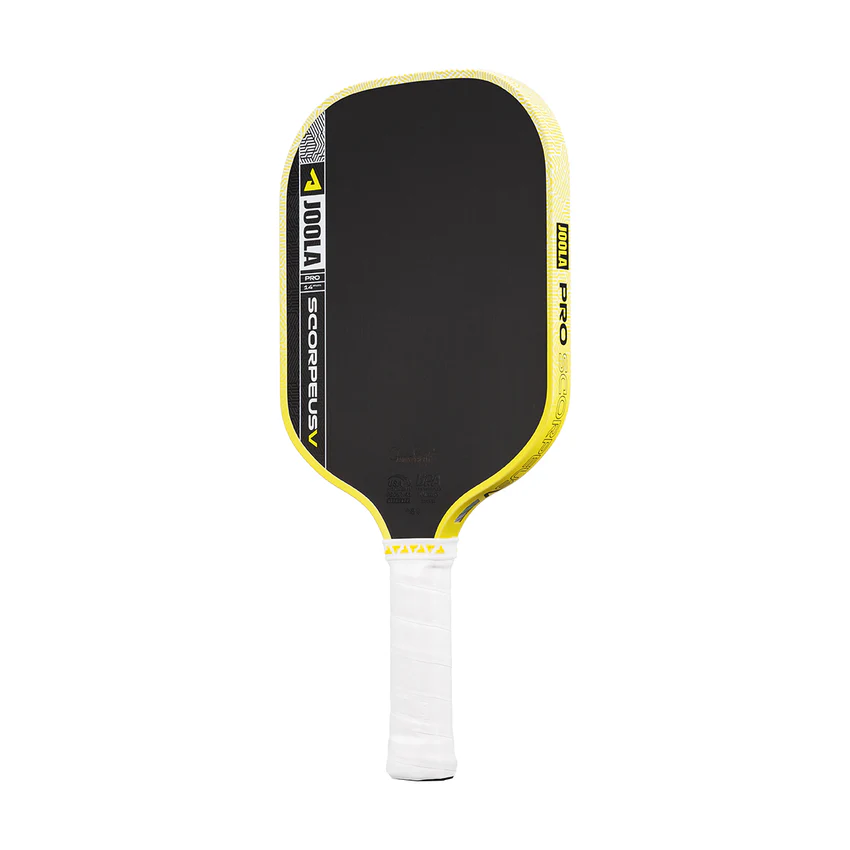 Pickleball paddle with black face, yellow edges, and white handle on a white background