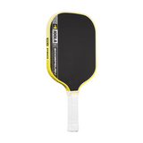 Pickleball paddle with black surface and yellow rim on a white background
