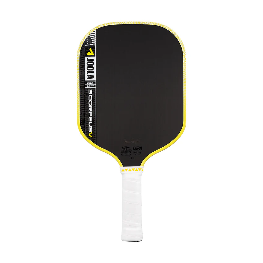 Black and yellow pickleball paddle with white handle on a white background