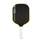 Black and yellow pickleball paddle with white handle on a white background