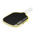 Yellow and black pickleball paddle with white handle on a white background