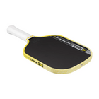 Pickleball paddle with black surface and yellow edges on a white background