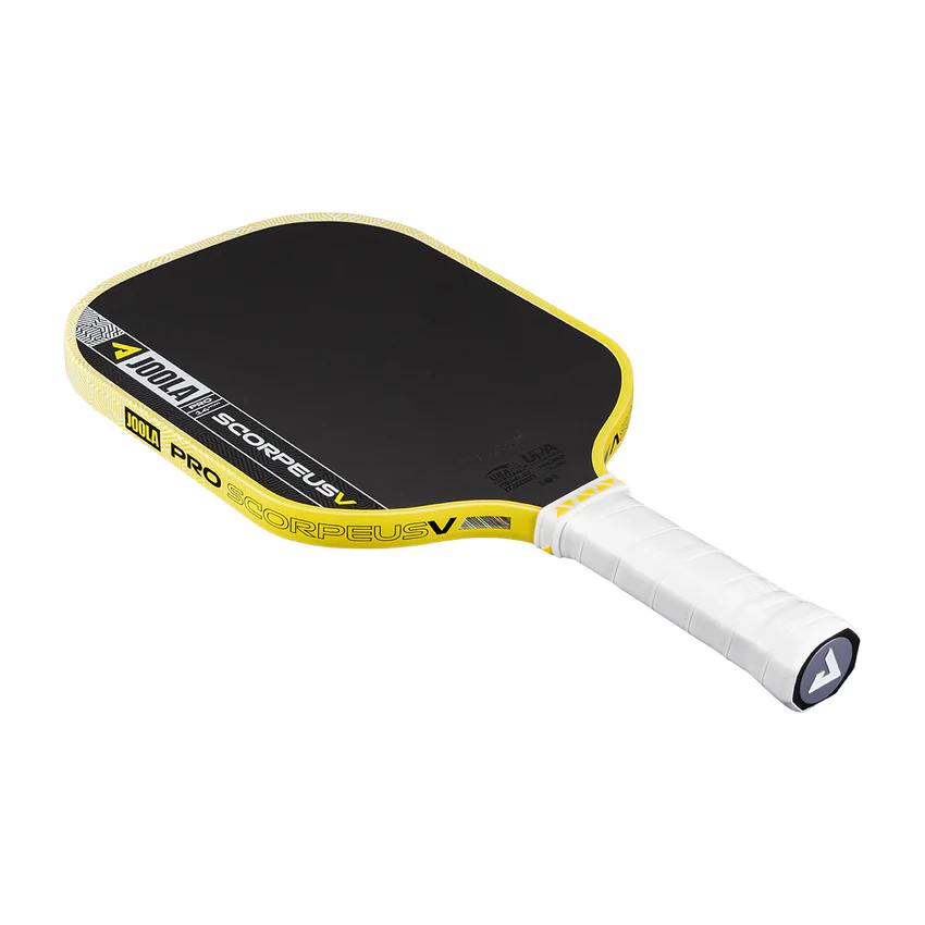 Yellow and black pickleball paddle on a white background