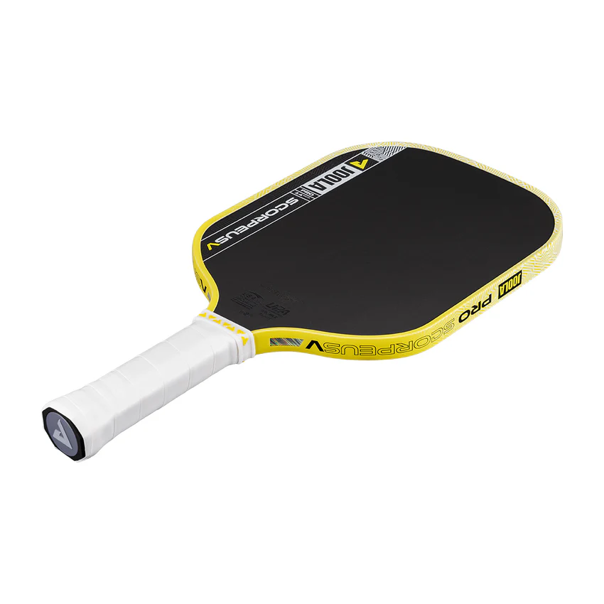 Black and yellow pickleball paddle with white handle on a white background
