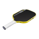 Black and yellow pickleball paddle with white handle on a white background