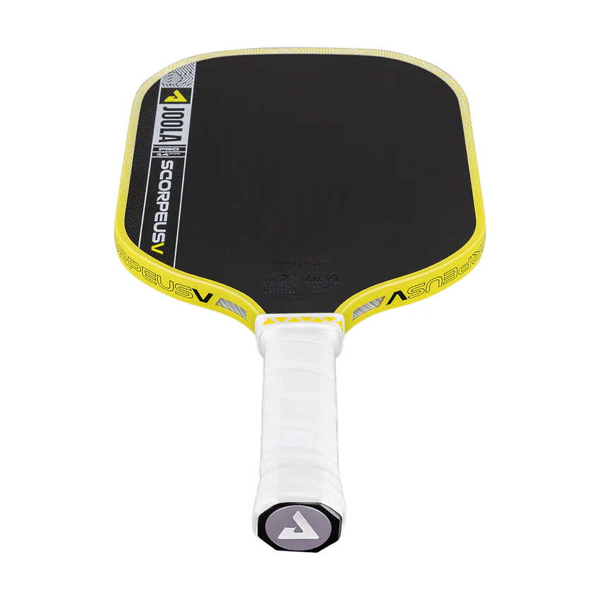 Pickleball paddle with black face, yellow rim, and white handle on a white background