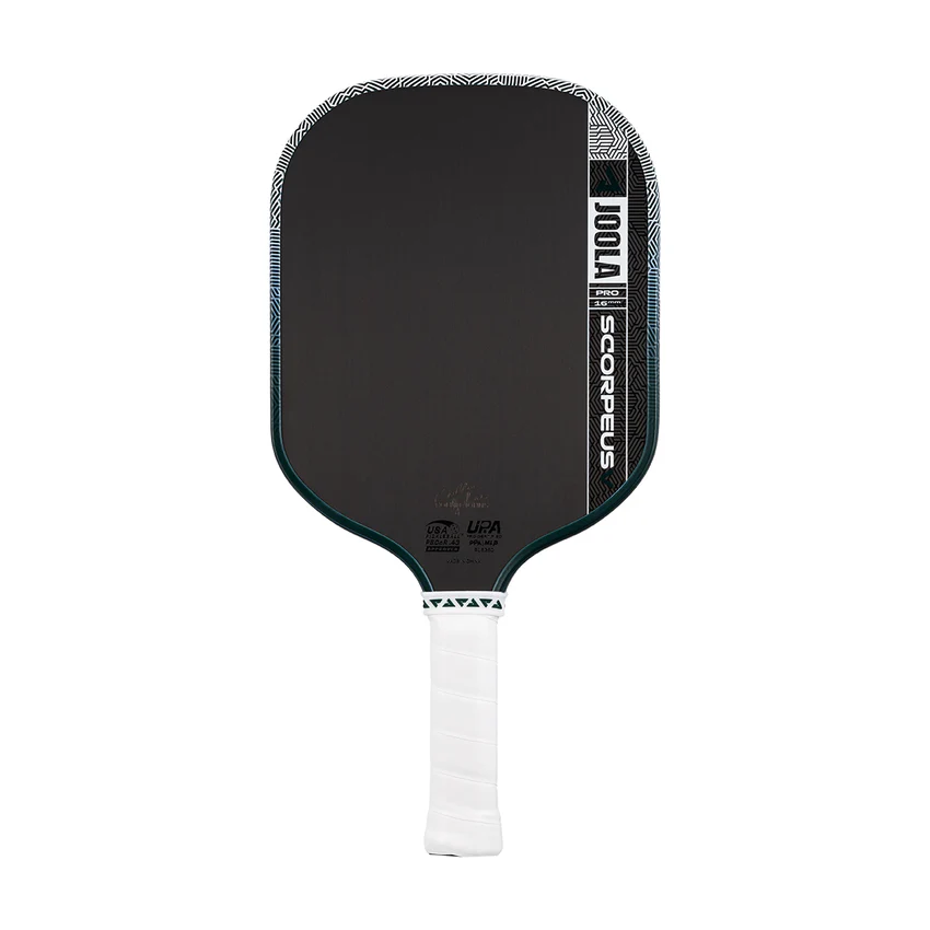 Black pickleball paddle with white handle on a white background