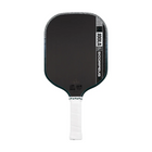 Black pickleball paddle with white handle on a white background