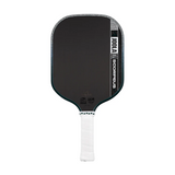 Black pickleball paddle with white handle on a white background