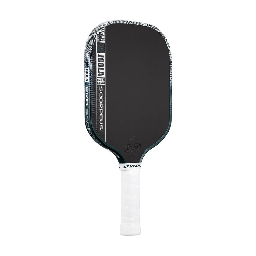 Black pickleball paddle with white text on a white background