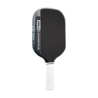 Black pickleball paddle with white text on a white background