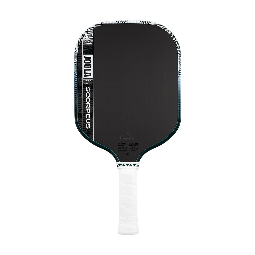 Black pickleball paddle with white handle on a white background