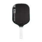 Black pickleball paddle with white handle on a white background