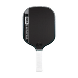 Black pickleball paddle with white handle on a white background