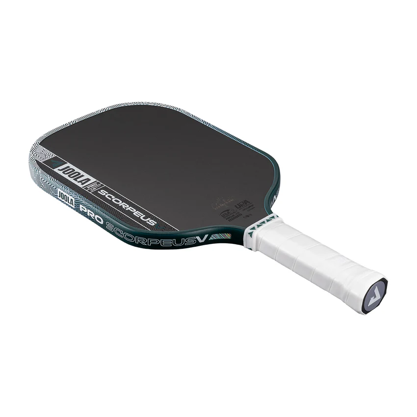 Pickleball paddle with black surface and white handle on a white background