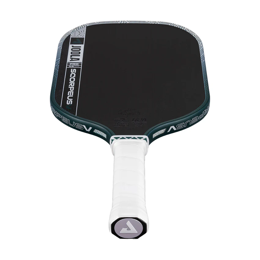 Pickleball paddle with black surface and white handle on a white background