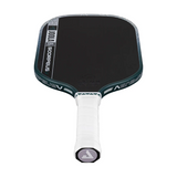 Pickleball paddle with black surface and white handle on a white background