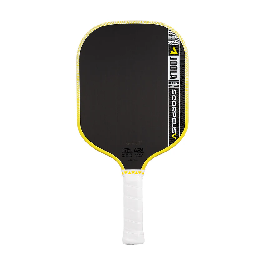 Pickleball paddle with black face, yellow rim, and white handle on a white background