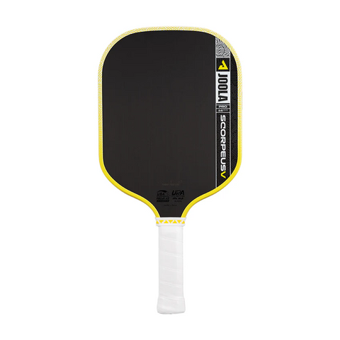 Pickleball paddle with black face, yellow rim, and white handle on a white background