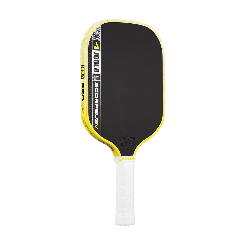 Black and yellow pickleball paddle on a white background