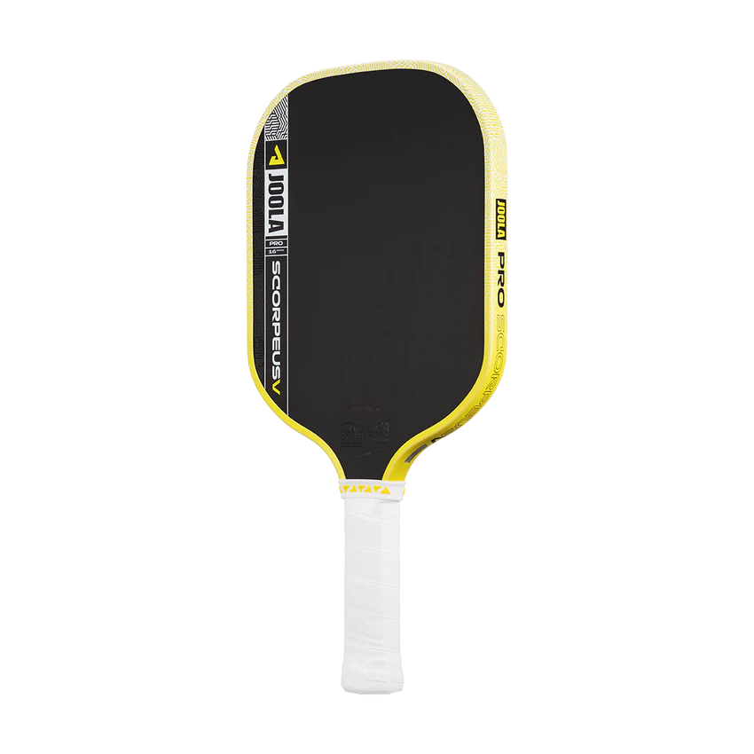 Pickleball paddle with black face, yellow rim, and white handle on a white background